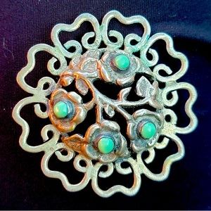 1940s-1950s Mexican Silver and Turquoise Flower Brooch Pin